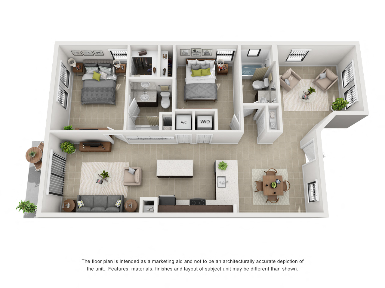 Floor plan for 2 beds, 2 baths, 1203 sqft